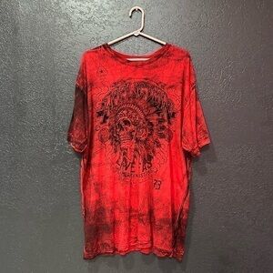 Affliction Shirt Mens Large Red Tie Dye Native Skull American Customs Biker Acid